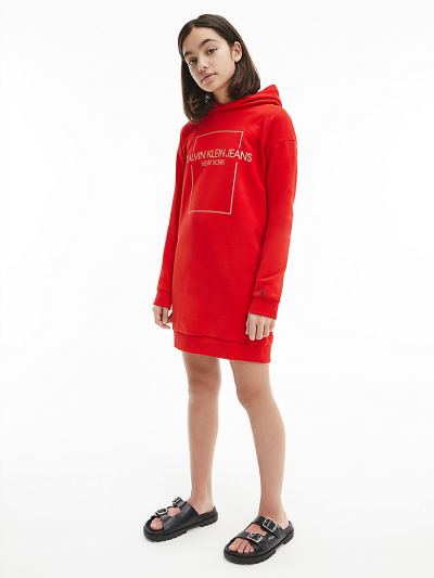 Calvin Klein Ruhák HU023909 | Calvin Klein Organic Cotton Hooded Sweatshirt Lány Ruha Piros